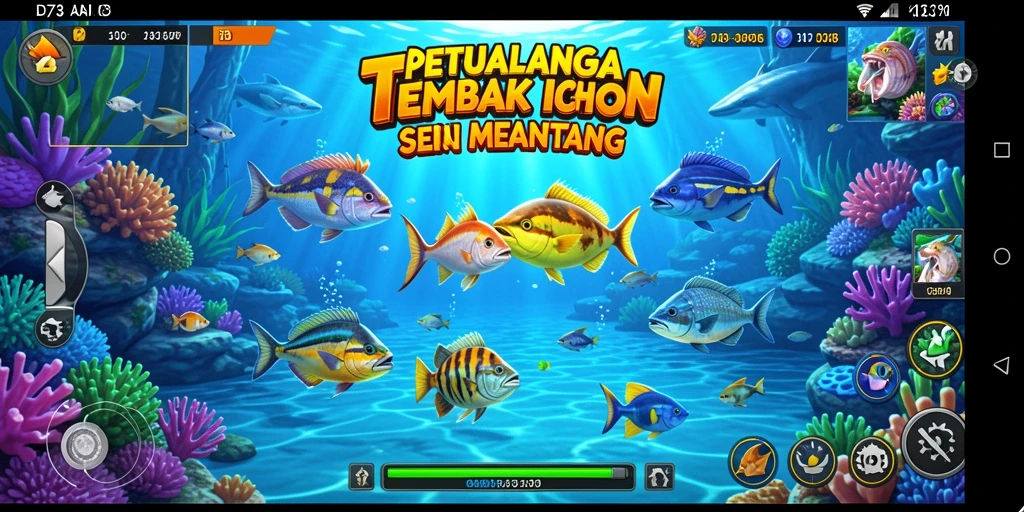 Screenshot D73 menampilkan aksi seru tembak ikan di dunia bawah laut.