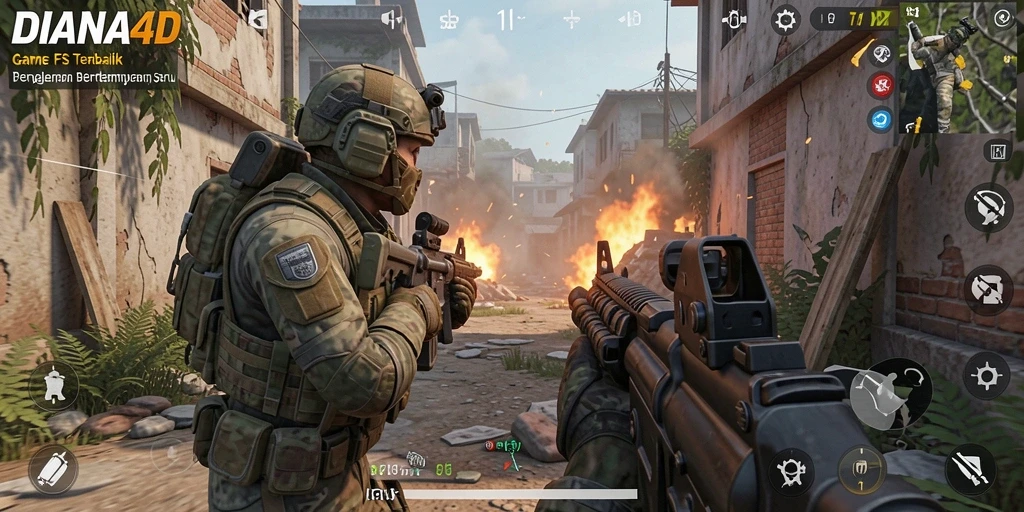 Screenshot utama DIANA4D menampilkan aksi pertempuran mendebarkan di lapangan perang FPS.