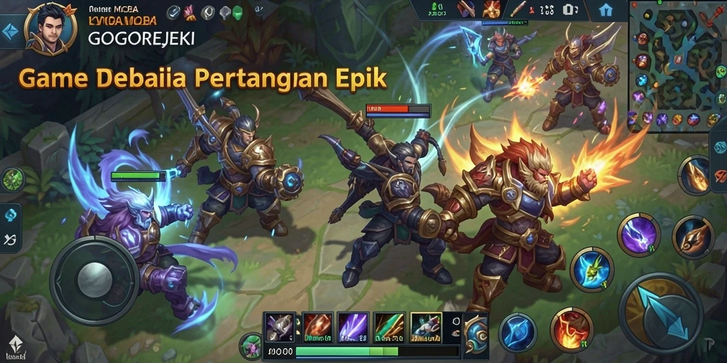 Tampilan gameplay seru GOGOREJEKI dalam pertempuran MOBA.