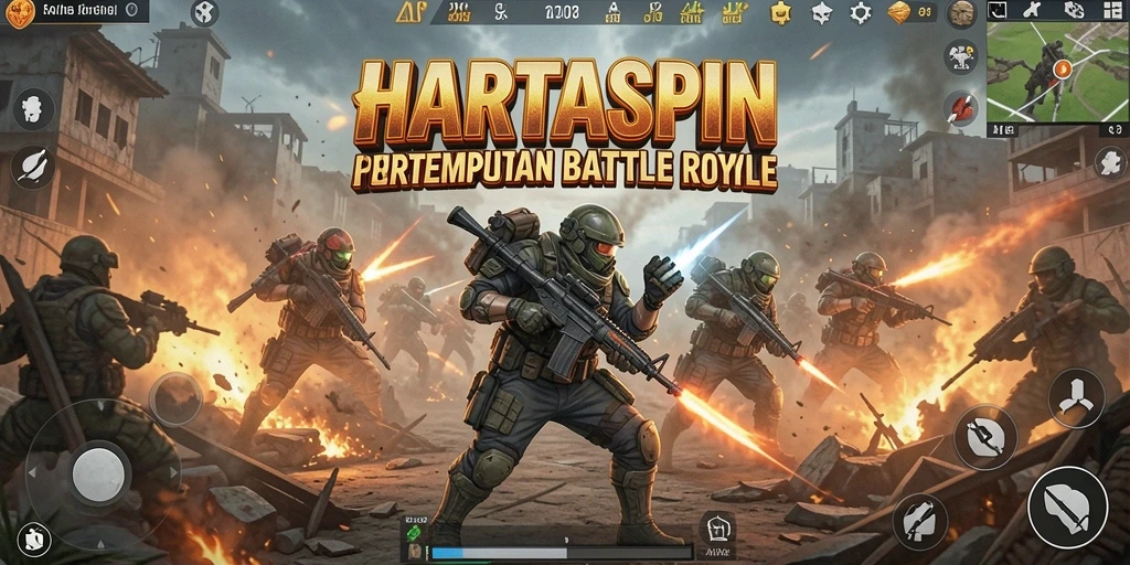 Screenshot dari gameplay HARTASPIN menampilkan aksi Battle Royale yang mendebarkan.