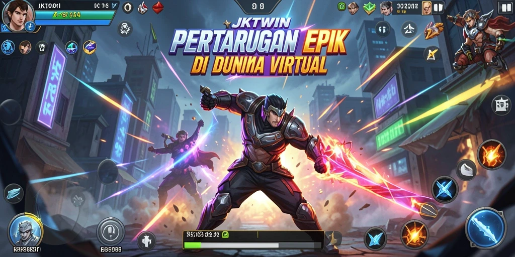 Tangkapan layar utama JKTWIN menampilkan aksi pertarungan yang intens dan beragam karakter.