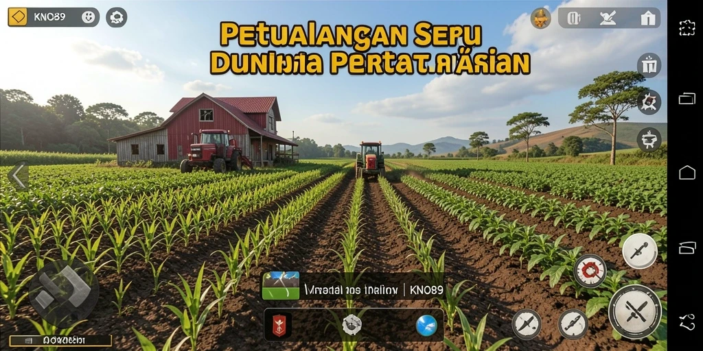 Tampilan gameplay seru KNO89 dengan ladang hijau dan hewan ternak.