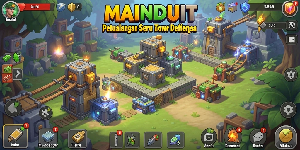 Screenshot gameplay MAINDUIT yang menunjukkan aksi menara pertahanan.